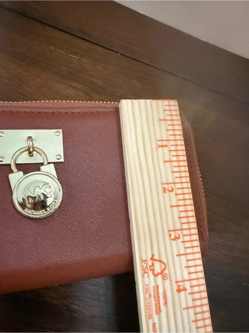 Michael Kors Saffiano Zip Wallet in Cognac Brown with Gold Hardware